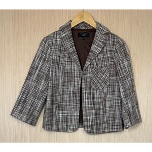 Talbots Linen Blend Plaid Blazer Womens Size 4P Petite Brown Academic Preppy